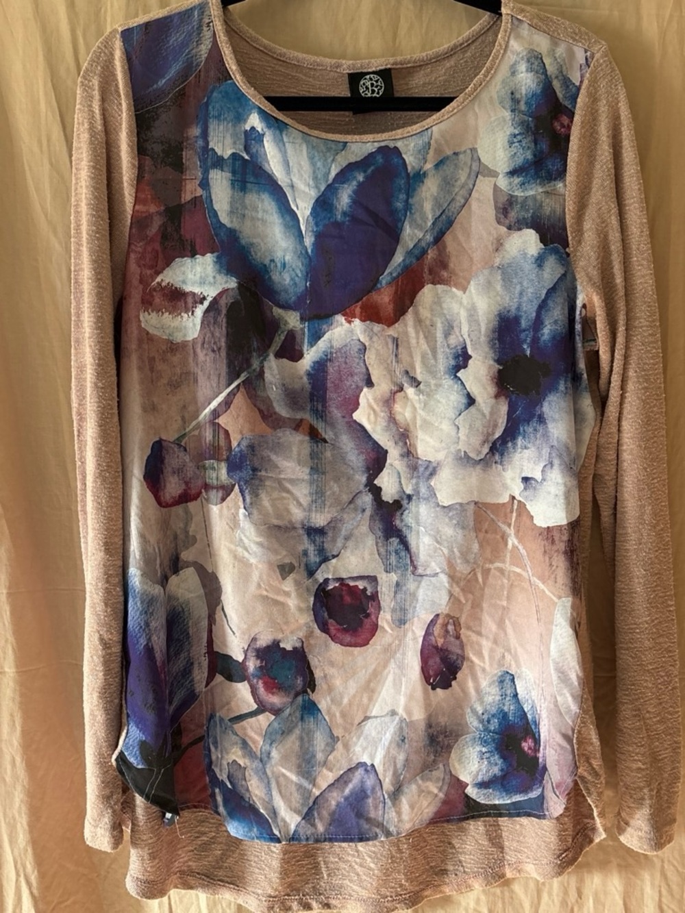 bobeau Blue & Beige Floral Watercolor Long Sleeve Top